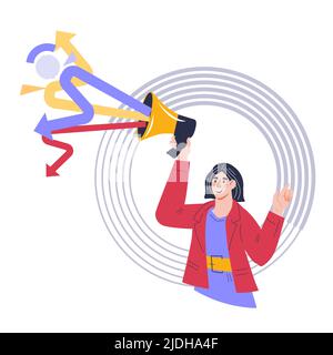 SMM manager or Social media marketer conducts an advertising campaign. PR manager or internet marketer, SMM profesional, flat vector illustration isol Stock Vector