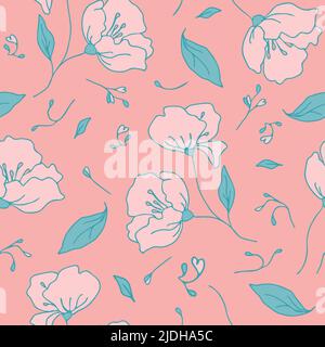 Seamless vector pattern with gentle flowers on pink background. Romantic floral wallpaper design. Decorative wedding fashion textile. Stock Vector