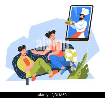 Takeout restaurant food delivery and takeaway services banner template with people making meal order from home, flat vector illustration isolated on w Stock Vector