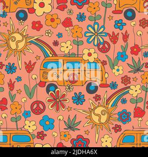 Seamless vector pattern with happy summer meadow on pink background. Colourful floral wallpaper design for children. Stock Vector