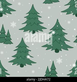 Seamless vector pattern with winter forest on grey background. Simple spruce tree wallpaper design. Decorative seasonal fashion textile. Stock Vector