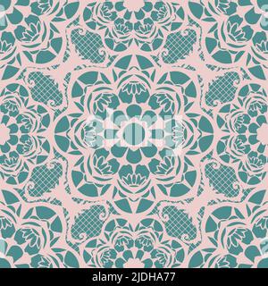 Seamless vector pattern with lace texture on blue background. Gentle embroidery wallpaper design. Moroccan fashion textile. Stock Vector