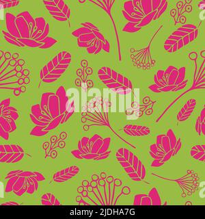 Seamless vector pattern with bright pink nature ornaments on lime green background. Simple floral wallpaper design with flowers. Retro fashion textile Stock Vector