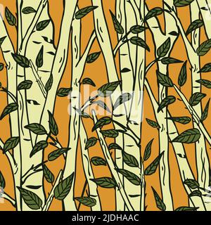 Seamless vector pattern with birch tree on yellow background. Simple forest wallpaper design. Decorative nature fashion textile. Stock Vector