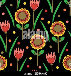 Seamless vector pattern with sunflowers and tulips on black background. Beautiful hand drawn floral wallpaper design. Flower meadow fashion textile. Stock Vector