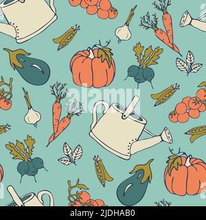 Seamless vector pattern with vegetables on blue background. Simple happy garden wallpaper design. Decorative summer season fashion textile. Stock Vector