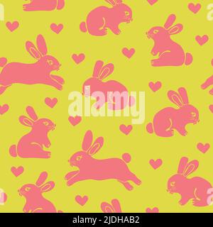 Seamless vector pattern with pink bunnies on yellow background. Cute animal wallpaper design for children. Easter rabbit and love hearts. Stock Vector