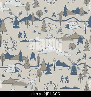 Seamless vector pattern with camping landscape on grey background. Decorative lifestyle wallpaper design. Hiking fashion textile. Stock Vector