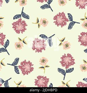 Peony flower seamless vector pattern background. Pink yellow naive peonies with painterly texture overlay. Vintage floral backdrop. Hand drawn Stock Vector