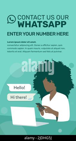 Whatsapp banner template. Contact us on our whats app number. Technological afro girl. Illustration of a black woman with a phone and laptop Stock Vector