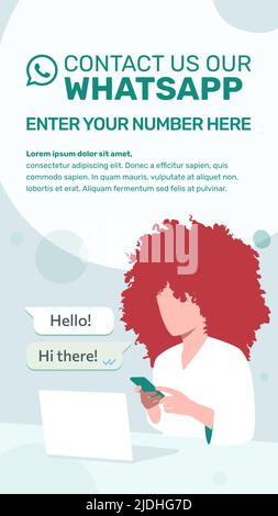 Whatsapp banner template. Contact us on our whats app number. Technological red head girl. Illustration of a woman with a phone and laptop. Stock Vector