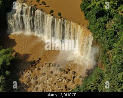 Aerial view of Awang waterfall at Ciletuh Palabuhanratu Unesco Global ...