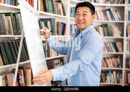 Happy Asian Male Teacher Writing On Whiteboard Standing In Classroom Stock Photo