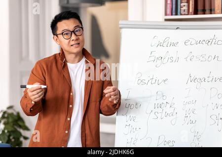 Japanese Male Teacher Talking Looking At Camera Standing In Classroom Stock Photo