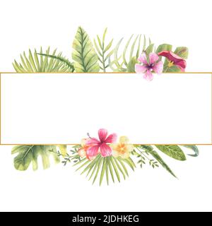 Vector illustration of a rectangular frame with tropical plants. Monster, banana leaves, hibiscus, etc. Floral watercolor. For the design of greeting Stock Vector
