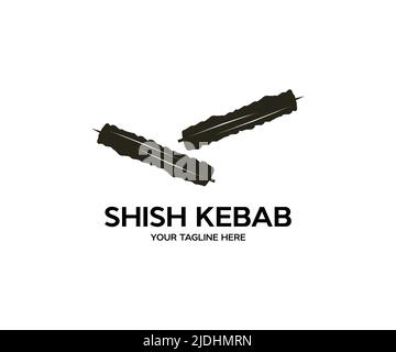 Grilled meat skewers, shish kebab, vintage Turkish food logo design. Quality fresh meat Shish kebab vector design and illustration. Stock Vector