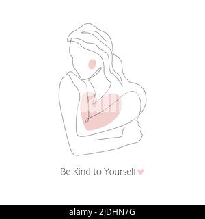 Self care, love your body concept. Cute girl hugging herself. Continuous line vector illustration of young woman. Body positive, slow living Stock Vector