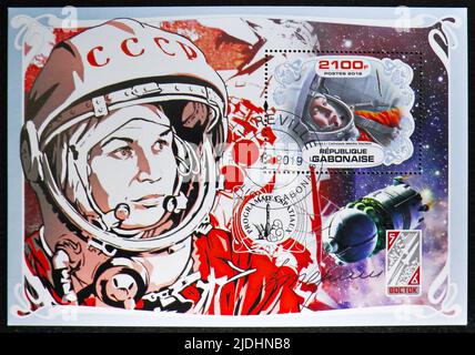 MOSCOW, RUSSIA - JUNE 17, 2022: Postage stamp printed in Gabon shows Block: V. Tereshkova, Space programs serie, circa 2019 Stock Photo