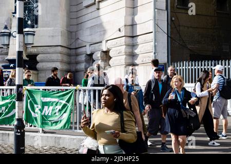 London, UK. 21st June, 2022. Commuters are seen coming out from the Waterloo station. Rail workers from Rail, Maritime, and Transport (RMT) Union began the biggest rail strike in the UK in three decades on Tuesday after unions rejected a last-minute offer from train companies, bringing services nationwide to a near standstill. Over 80% of the services are expected on hold due to the walkout. (Photo by Hesther Ng/SOPA Images/Sipa USA) Credit: Sipa USA/Alamy Live News Stock Photo