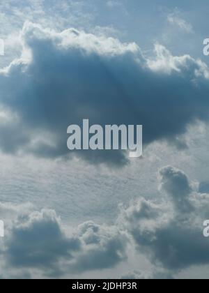 A simple, airy sunlit sky scape, with dark cumulus in front of a mackerel sky and dramatic sun beams drawing lines across the shadowed sides. Stock Photo