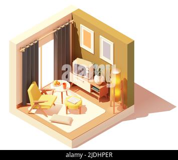 Vector isometric vintage living room interior. 60s or 70s room interior. Chair, coffee table, old tv, floor lamp. Low poly cross-section illustration. Stock Vector