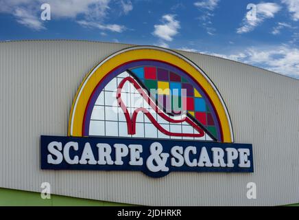 Cuneo, Italy - June 03, 2022: Sign of the Scarpe&Scarpe logo on the shop, Scarpe e Scarpe is Italian leading company in the large distribution shoes Stock Photo