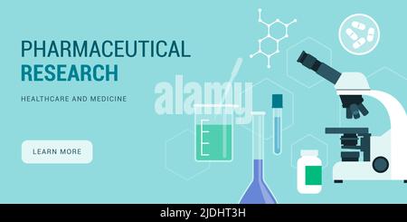 Pharmaceutical research, innovation and drug development banner with copy space Stock Vector