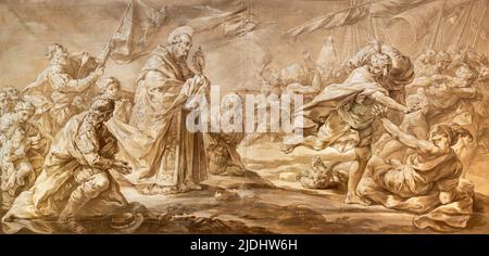 VALENCIA, SPAIN - FEBRUAR 14, 2022: The painting of expulsion of the Moors in  Capilla del Santo Caliz of Cathedral  by Vicente Lopez Portana Stock Photo