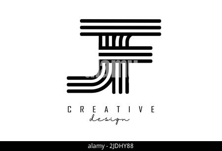 Black lines Jf j f letters with monogram Logo Design. Creative vector illustration with geometric lines pattern. Stock Vector