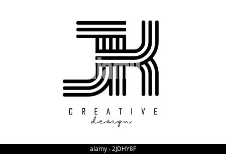 Black lines Jk j k letters with monogram Logo Design. Creative vector illustration with geometric lines pattern. Stock Vector