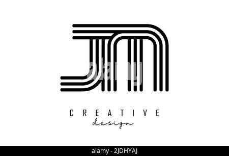 Black lines JM j m letters with monogram Logo Design. Creative vector illustration with geometric lines pattern. Stock Vector