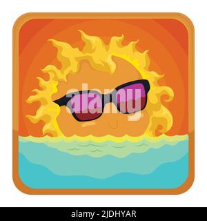 Square button with cute sun in a sunset view, taking a relaxing bath with sunglasses. Stock Vector