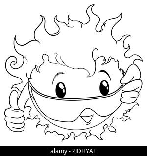 Cute smiling sun, shouting at you with thumb up gesture and wearing sunglasses during summertime. Colorless design in outlines to coloring it. Stock Vector