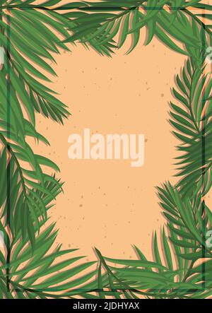 Beautiful vertical scene with frame, palm leaves in the edges and template with sand texture. Stock Vector