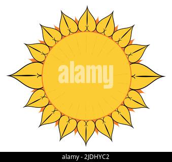 Round button like the sun and corona like flames or sunflower leaves. Concept in flat style with outlines. Stock Vector