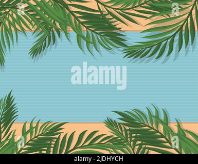 Summer scene, resembling a beach scene in top view: striped towel, sand, palm leaves. Stock Vector