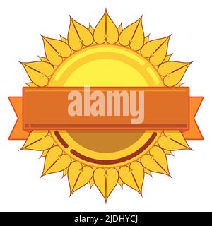 Button resembling the Sun, with empty ribbon template. Design in flat style and outlines over white background. Stock Vector