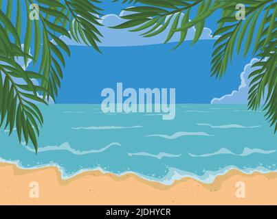 Postcard with summertime scene with palm leaves, clear sky view, seawater and sand. Stock Vector