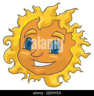 Radiant and smiling sun with blue eyes. Design isolated in cartoon style. Stock Vector