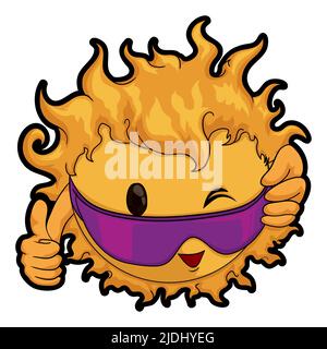 Cute and cool sun, winking and saluting you with a thumb up gesture during summertime. Design in cartoon style over white background. Stock Vector