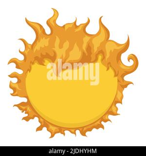 Round button template with flames around it, resembling the Sun in cartoon style. Stock Vector