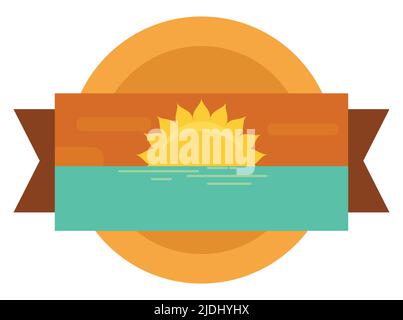 Design with round button and ribbon depicting a seasonal sunset scene in flat style. Stock Vector