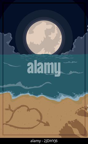 Vertical design with frame and beautiful romantic night scene of seashore, with full moon, clouds, heart and fingerprints in the sand. Stock Vector
