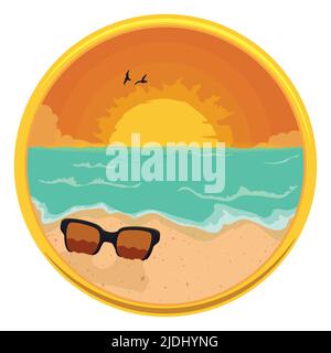 Golden frame and round button with beautiful sunset scene inside of it: setting sun, orange clouds, birds silhouettes and sunglasses buried in the san Stock Vector