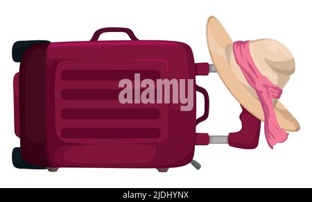 Fancy suit case laid down on the floor, with stylised woman's hat decorated with red fabric. Stock Vector