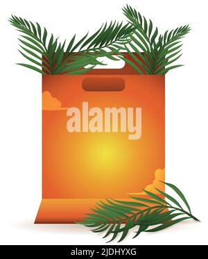Beautiful shopping bag with orange sunset design and some palm leaves to decorate it. Stock Vector