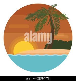 Summer design with round button and beautiful sunset view scene with palm, bush and beach inside of it in flat style. Stock Vector