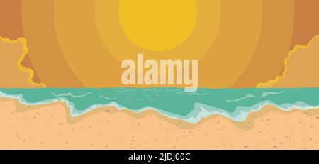 Banner with sunset view at the beach with ocean waves, orange sky with clouds and sand. Stock Vector