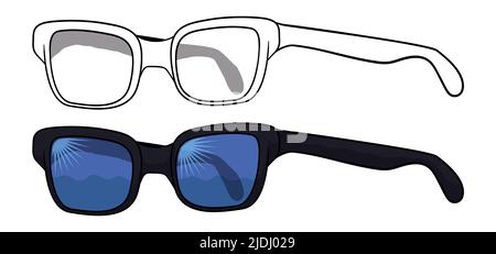 Cool sunglasses, one in outlines and the other with black frame and UV filter and blue lens. Stock Vector