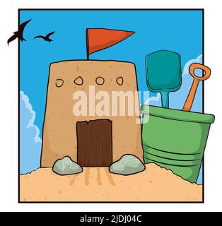 Scene with seasonal summertime view of sand castle, rocks, bucket, shovel and beautiful sky with clouds and flying seagulls. Stock Vector